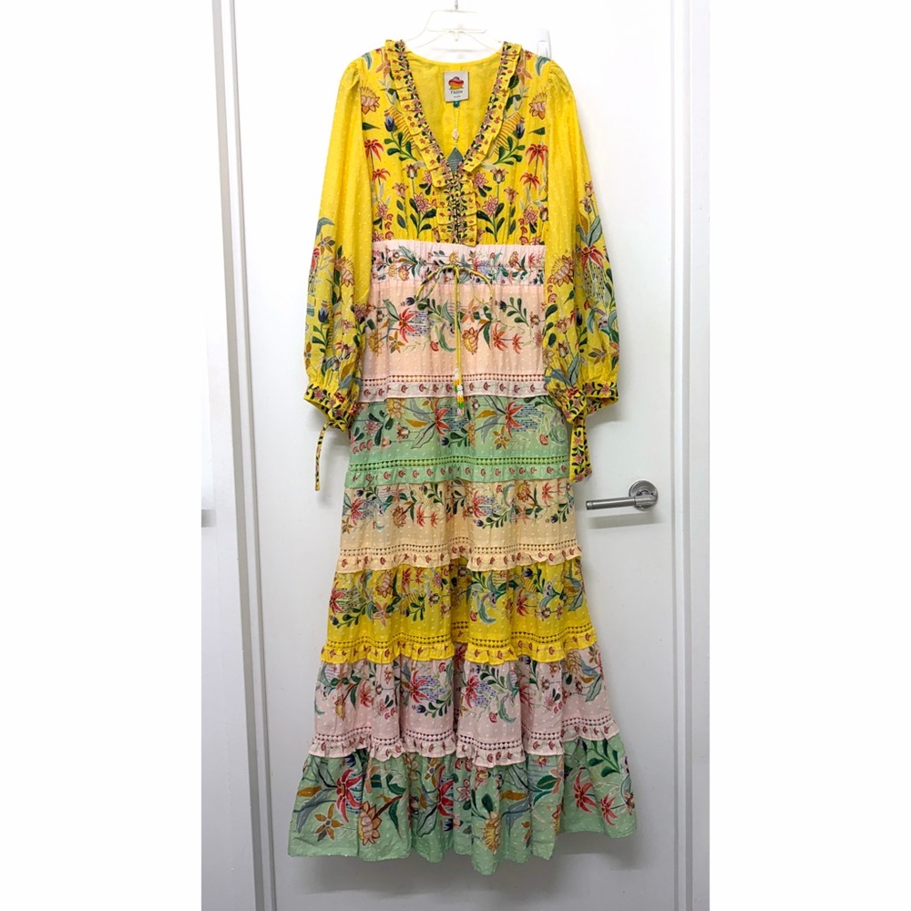 NWT Farm Rio Delicate Flowers Stripe Print Maxi Dress Yellow Pink Pastel M - Picture 2 of 14